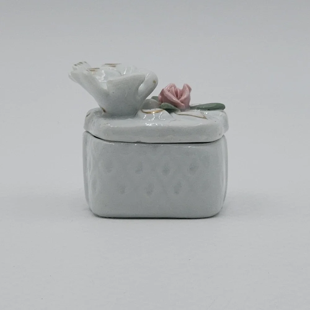 Porcelain Trinket Box Love Birds Pink Rose Gold Trim Square Ring Holder China